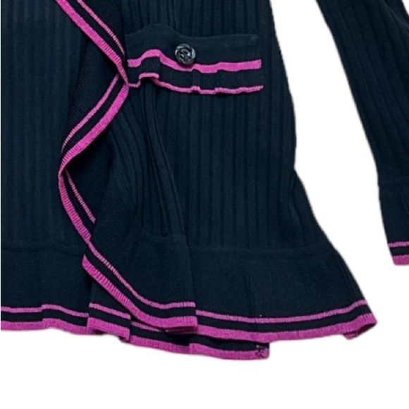 Exclusively Missook Fine Sheer Knit Ribbed OpenCardigan Magenta Ruffle Trim Flaw - Picture 4 of 11
